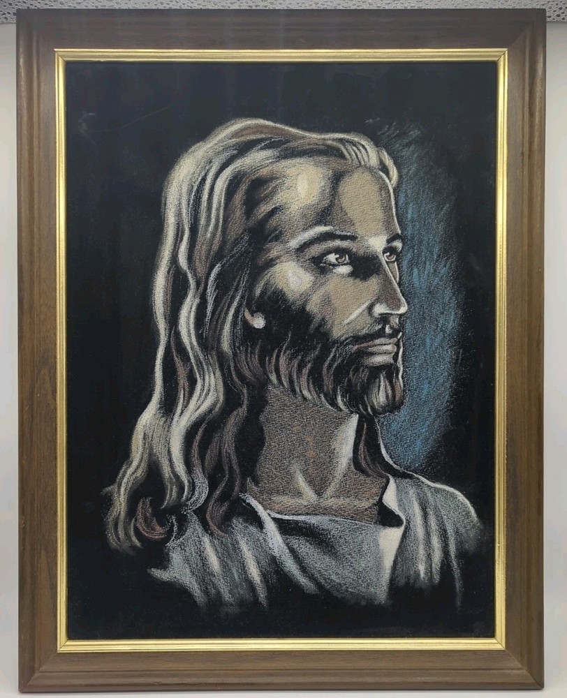 Vintage MCM Black Velvet Jesus Oil Painting Framed 1970s God Christ Christian