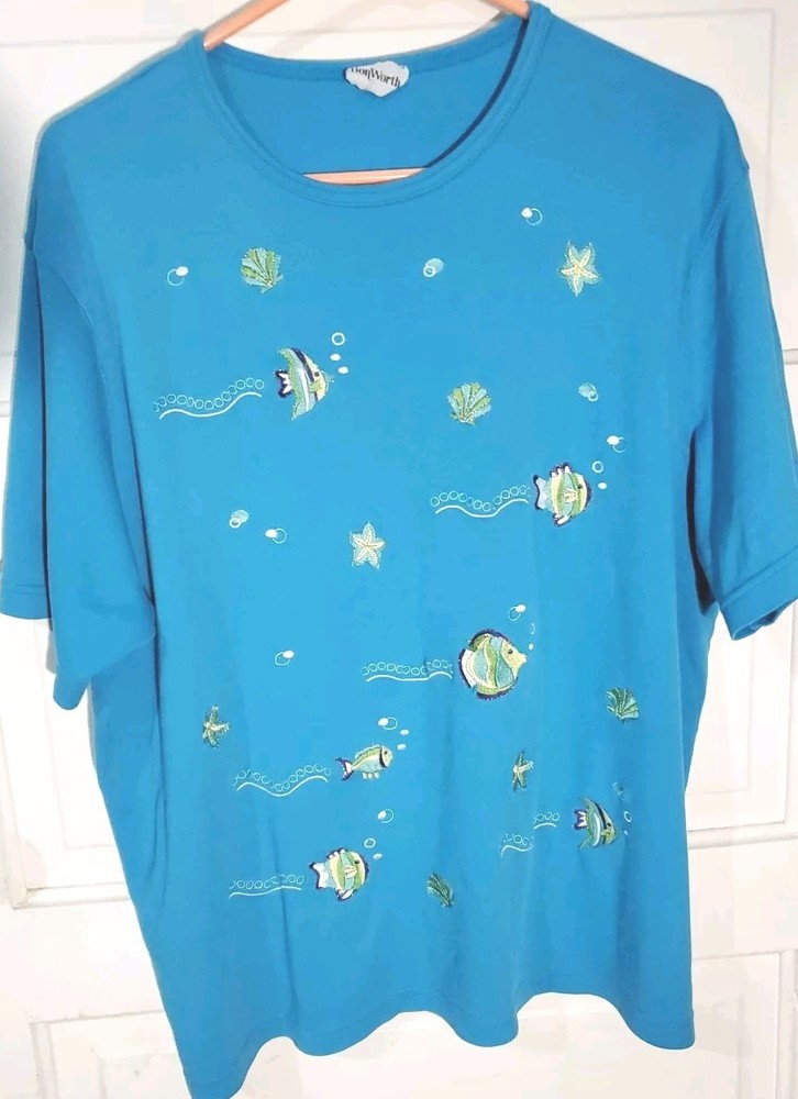 Bonworth Womens Top Size Xl Blue With Multicolored Fish On Front & Back Cotton