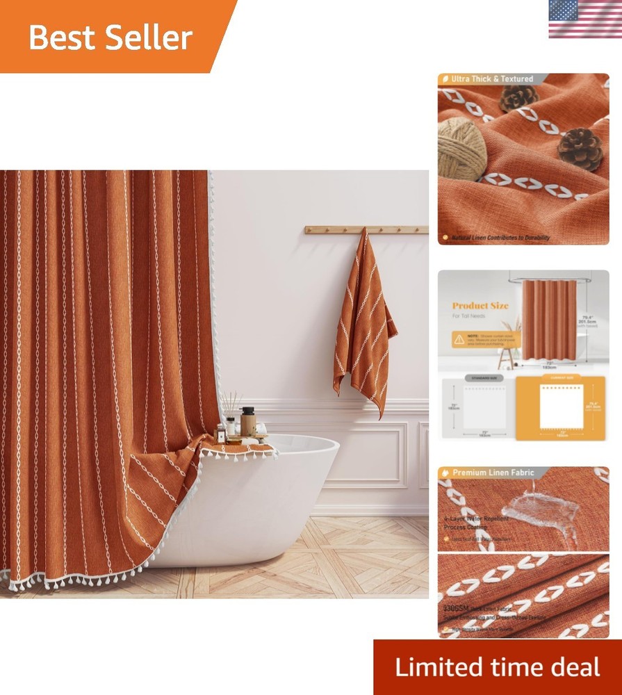 Boho Farmhouse Shower Curtain 72x78 - Heavy Duty Linen Blend with Tassel, Orange