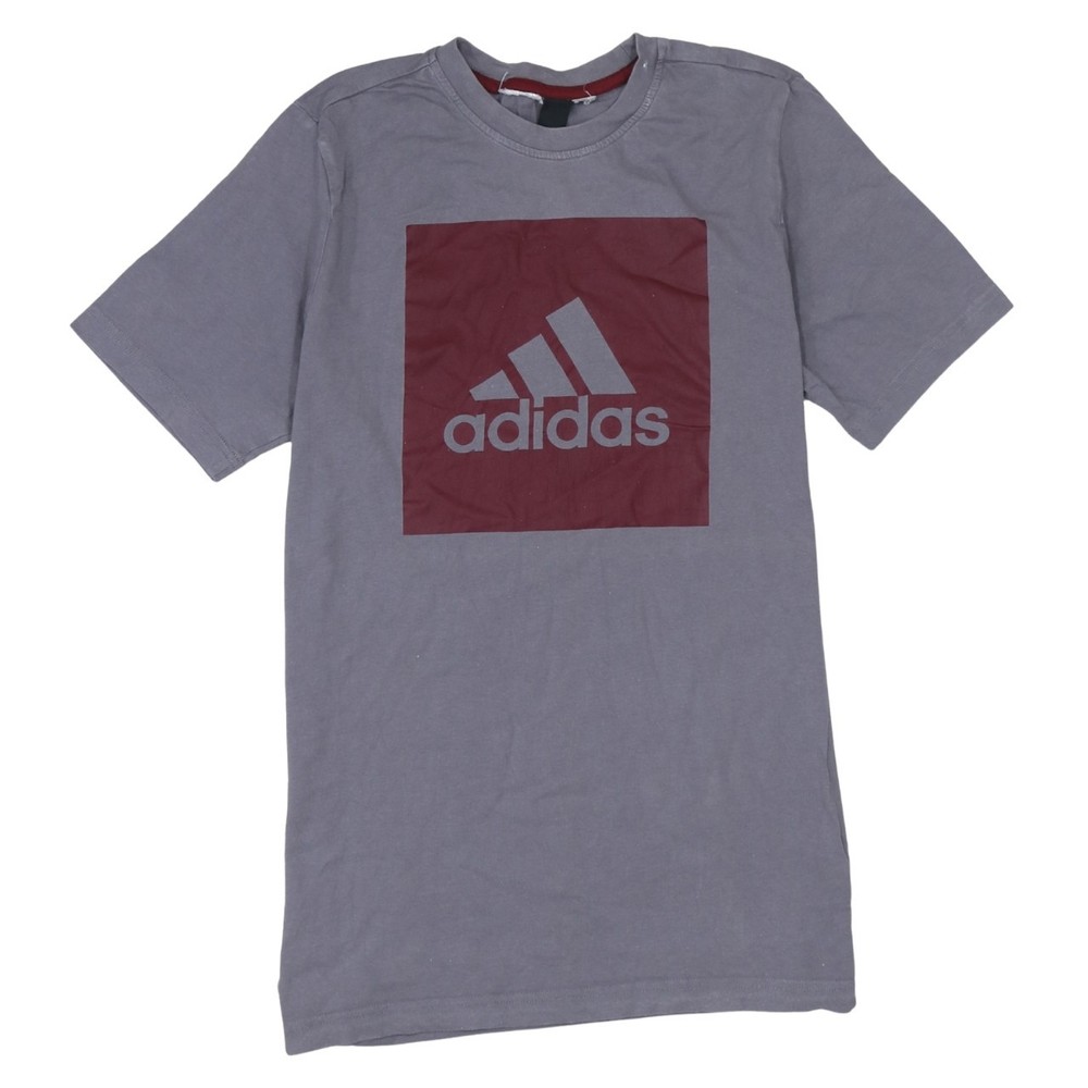 Adidas Mens T Shirt Grey Burgundy Box Logo Graphic Cotton Blend Jersey Top S