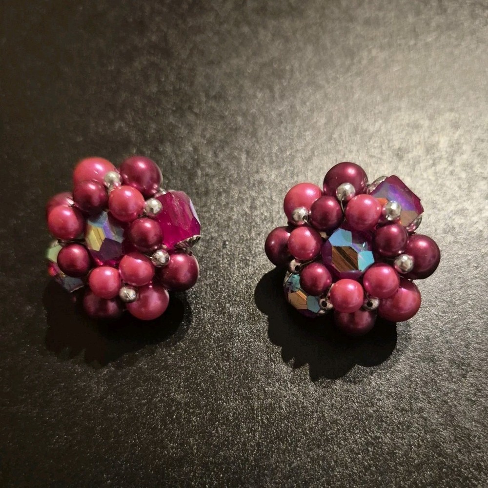 Japan Vintage Cluster Beaded Glass Clip-On Earrings Purple Pink