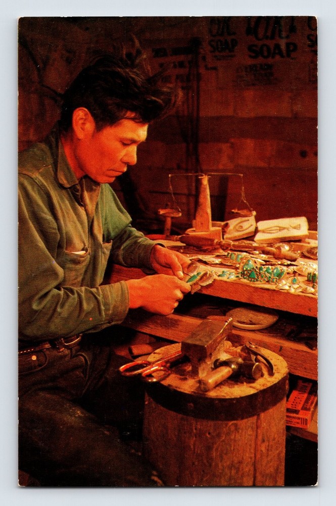 Vintage Native American Silversmith Crafting Jewelry Litho Postcard