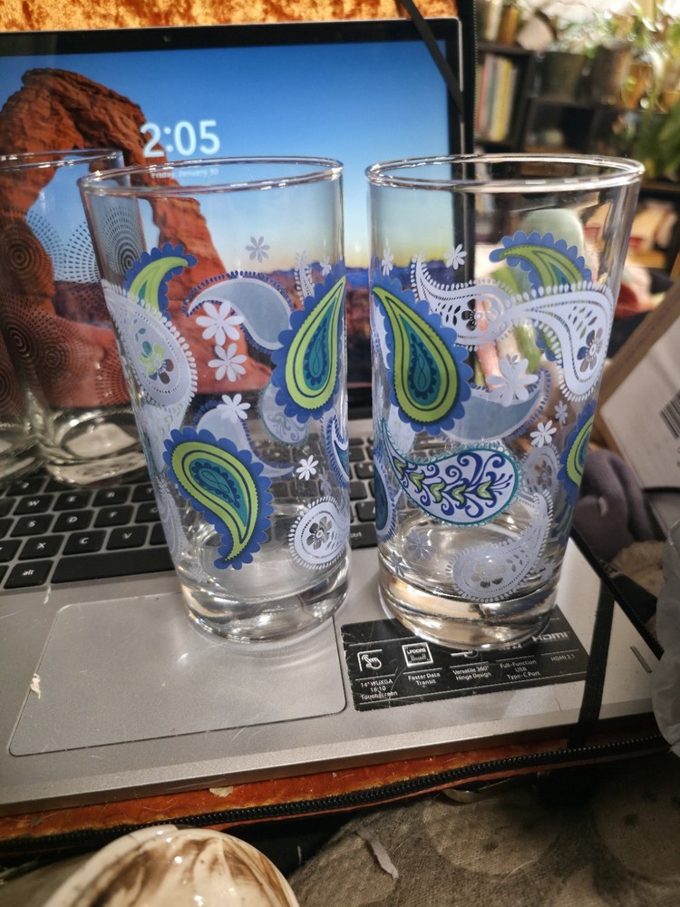 Libbey CRISA Blue Paisley 16oz Glass Tumblers (Set of 2) Vintage