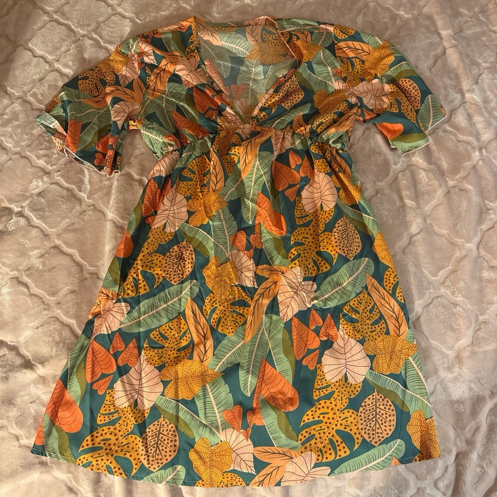 Multicolor Tropical Floral Flutter Sleeve V-Neck Knee Length A-Line Dress Women