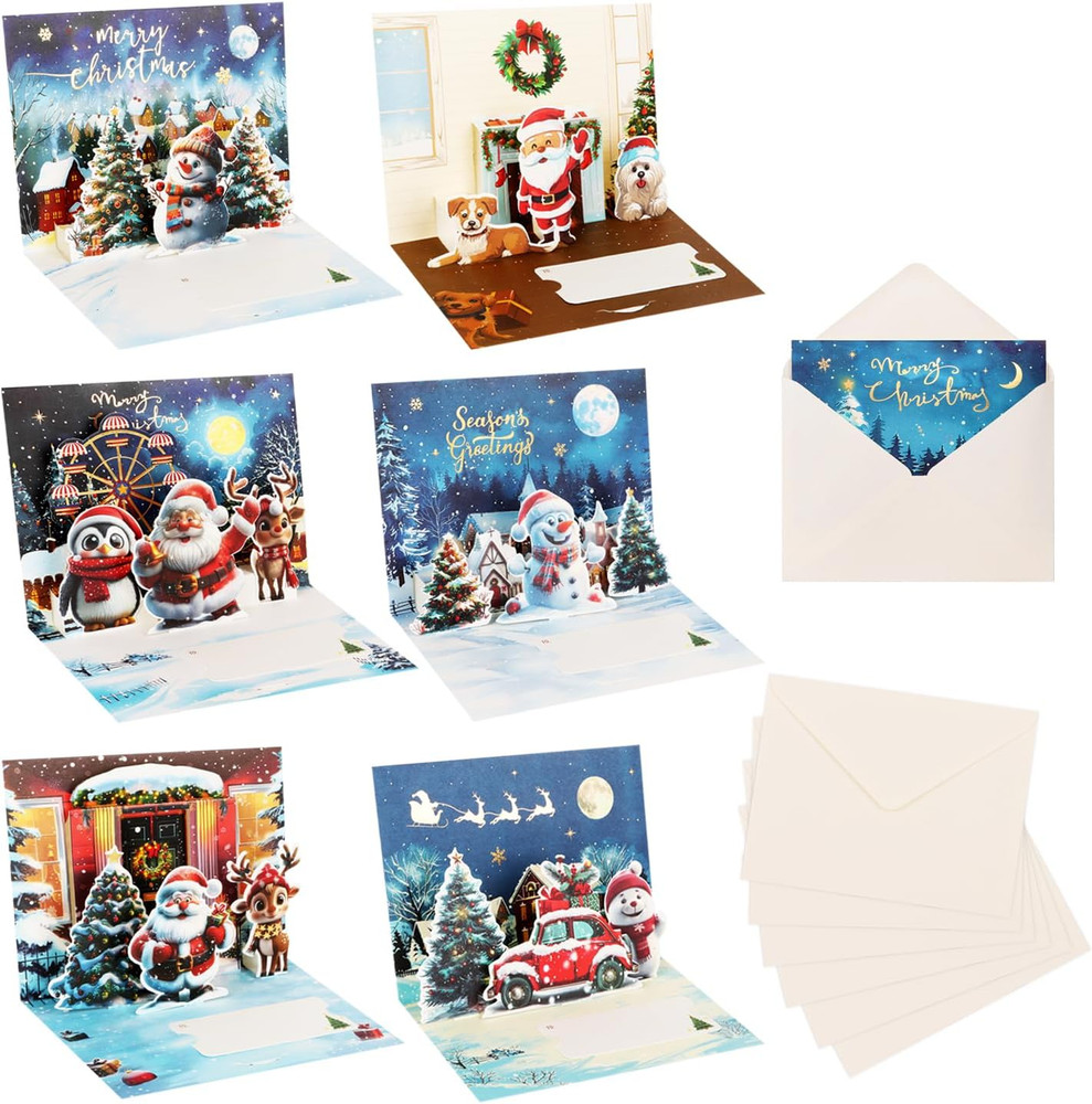 6 Pack Greeting Handmade Holiday 3D Pop Up Christmas Cards Set