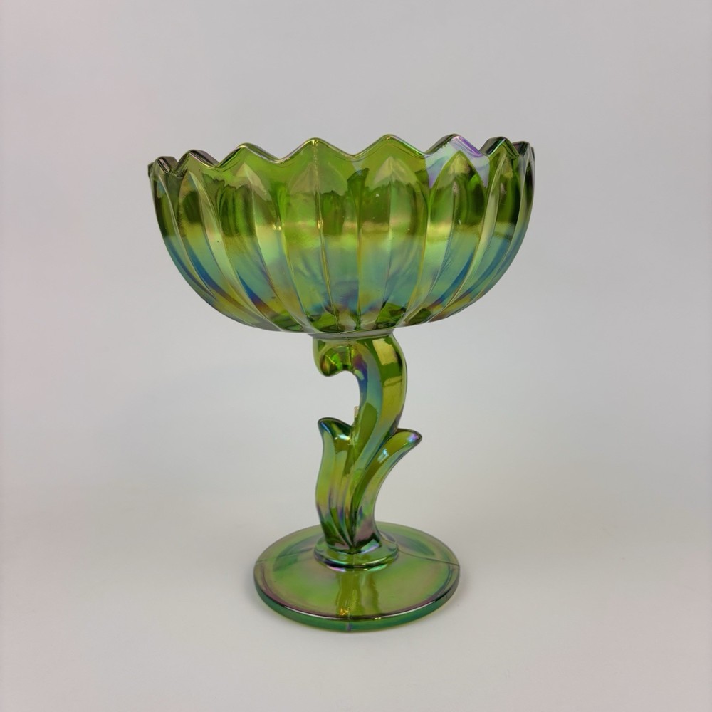 Vintage Indiana Glass Iridescent Green Lotus Blossom Compote Footed Candy Dish