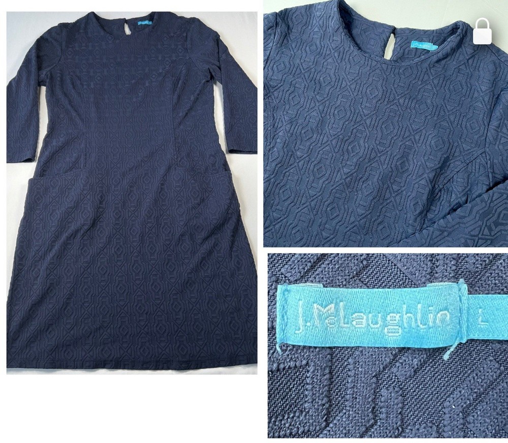 J. McLaughlin Navy Blue Dress Textured Geometric Pattern 3/4 Sleeve, Pockets L