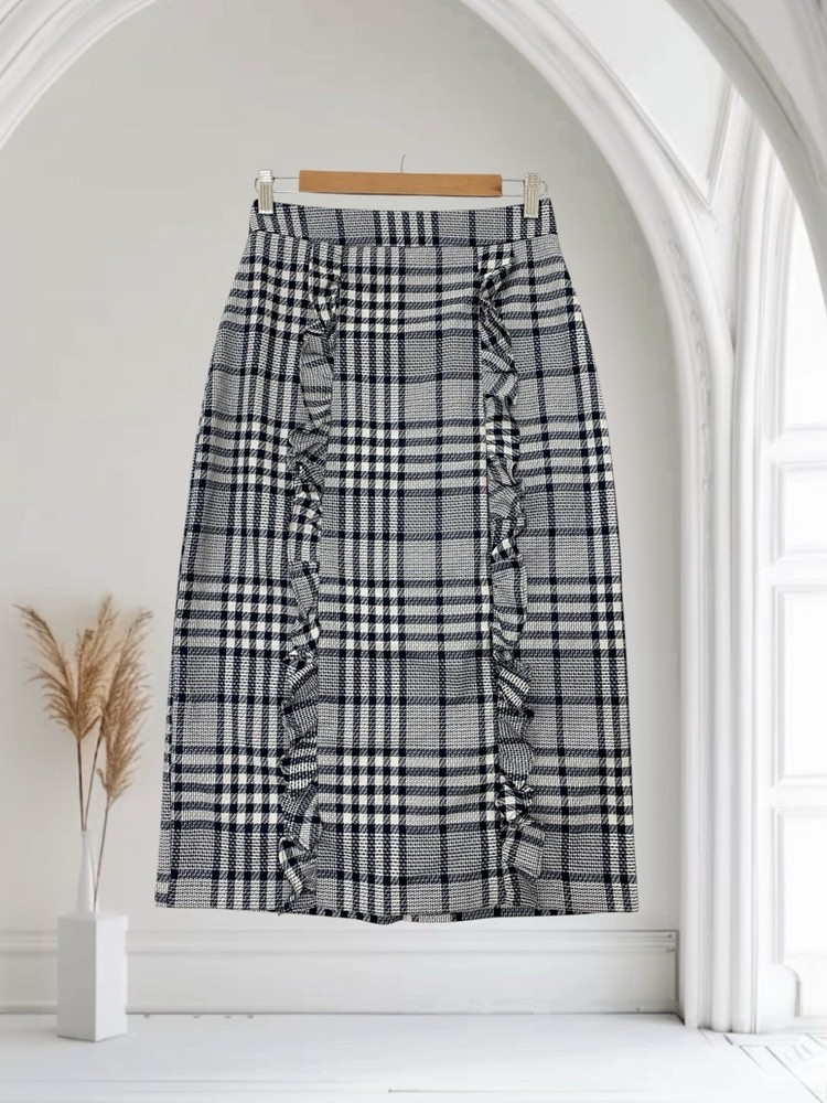 ASOS Women Plaid Ruffle Pencil Skirt Size 4 High Rise Stretch Preppy Summer Chic
