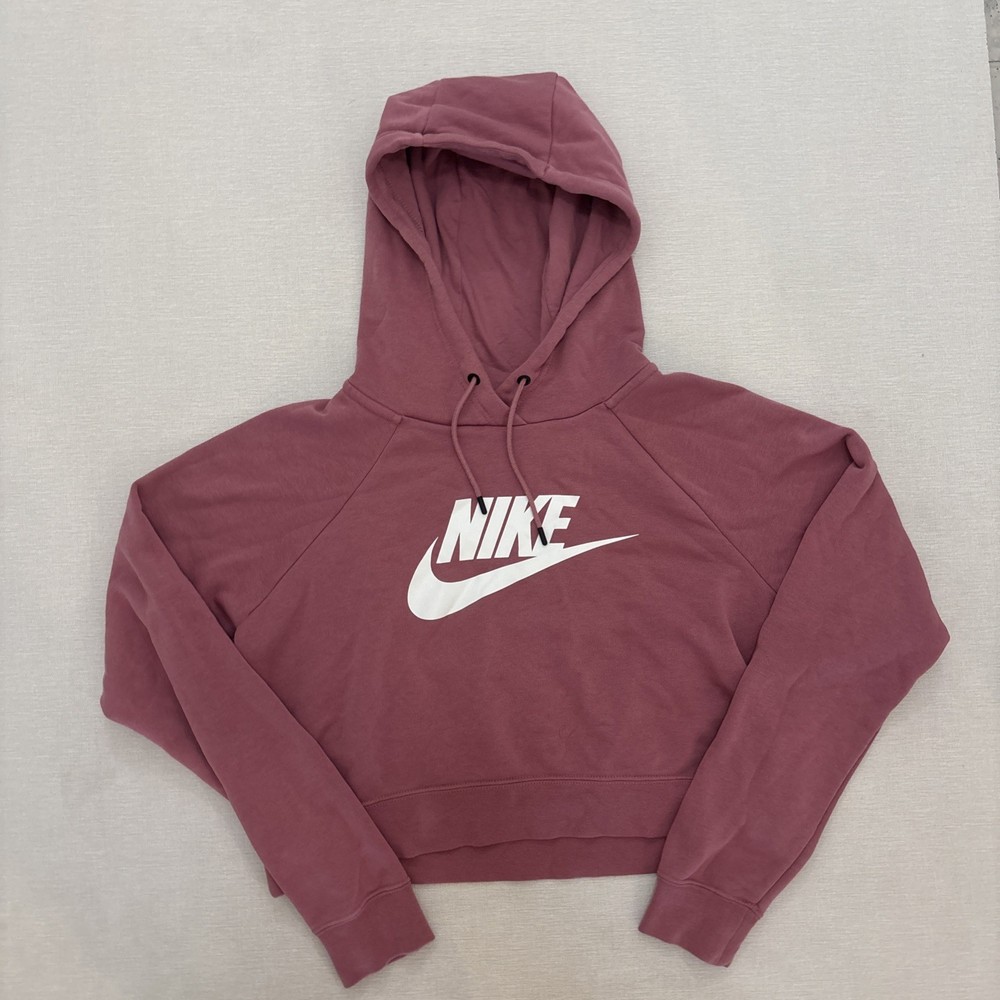 Nike Essential Cropped Pullover Hoodie Sweatshirt Womens Medium Pink Fleece Gym