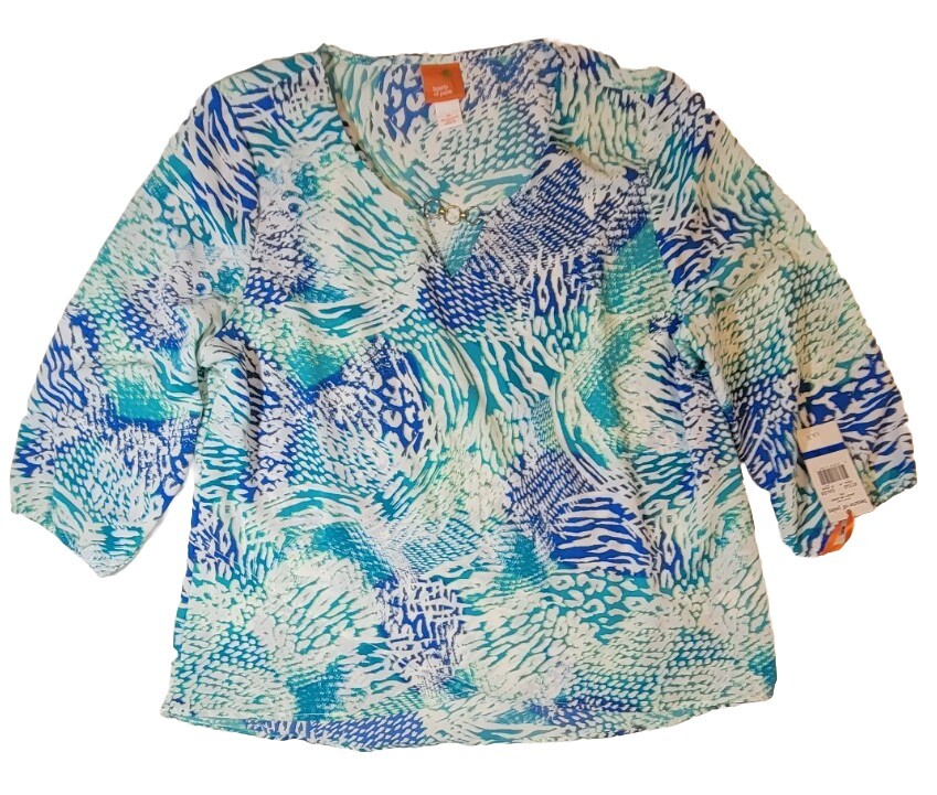 Womens Blouse Blue Multicolor HEARTS OF PALM XL Top Abstract Print 3/4 Sleeve-image