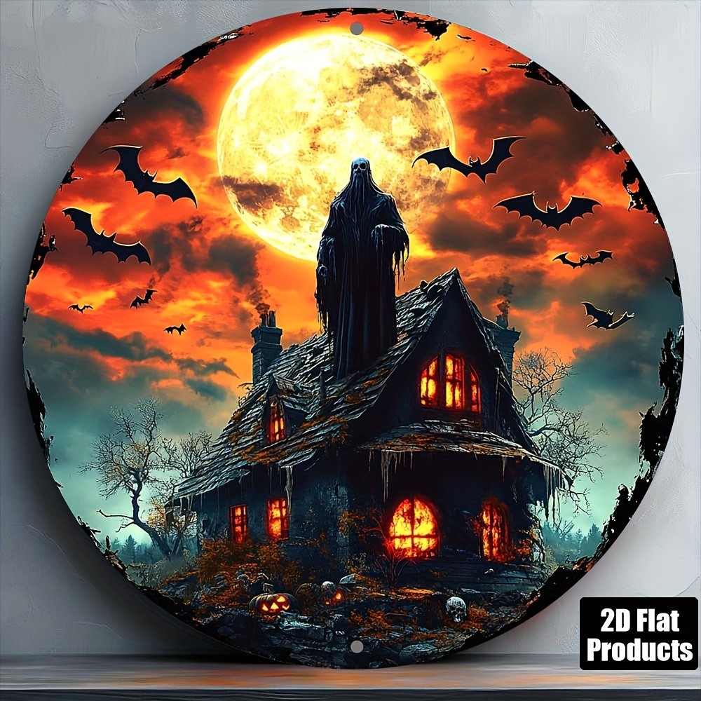 Vintage Gothic Haunted House Round Aluminum Sign Witch Bats Halloween