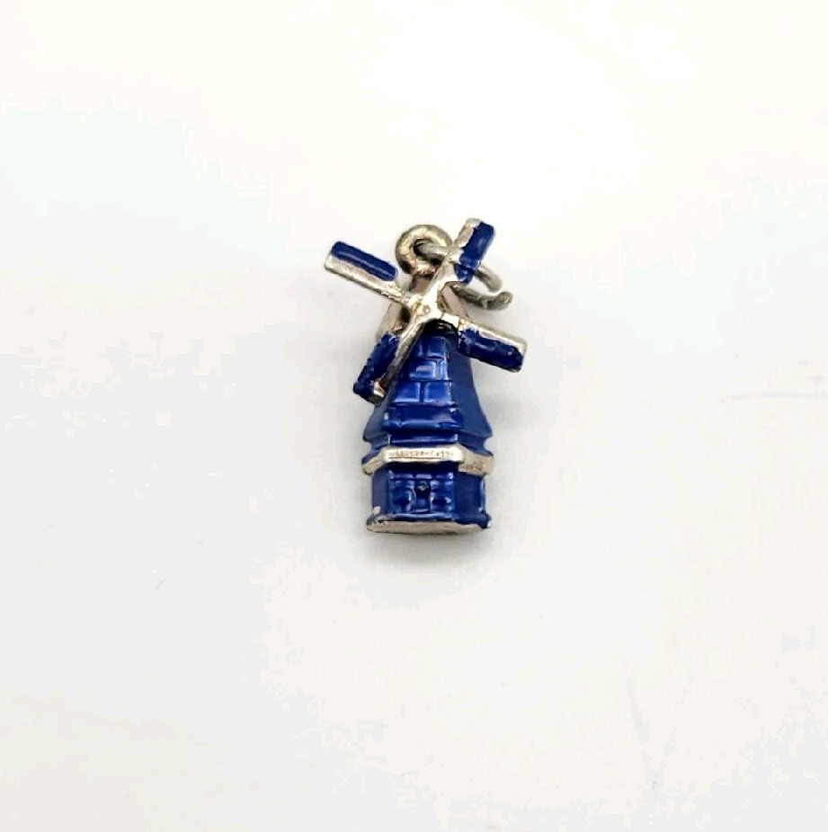 VTG Sterling Silver Blue Enamel Dutch Windmill Articulated Charm Pendant - 1.0g