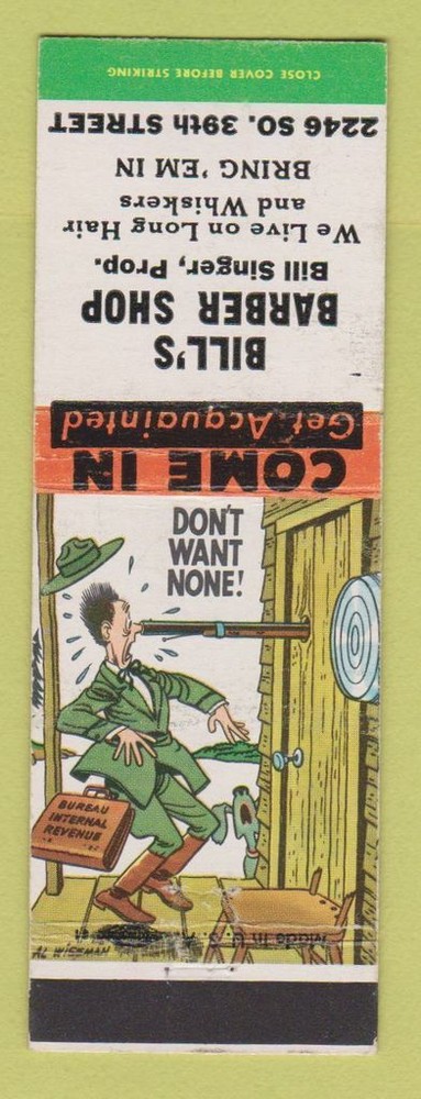 Matchbook Cover - Bill's Barber Shop St Louis MO hillbilly