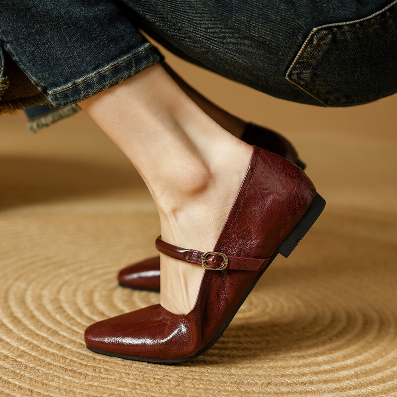 Womens Soft Soled Mary Jane Shoes Flat Shoes Square Toe Genuine Leather Shoes