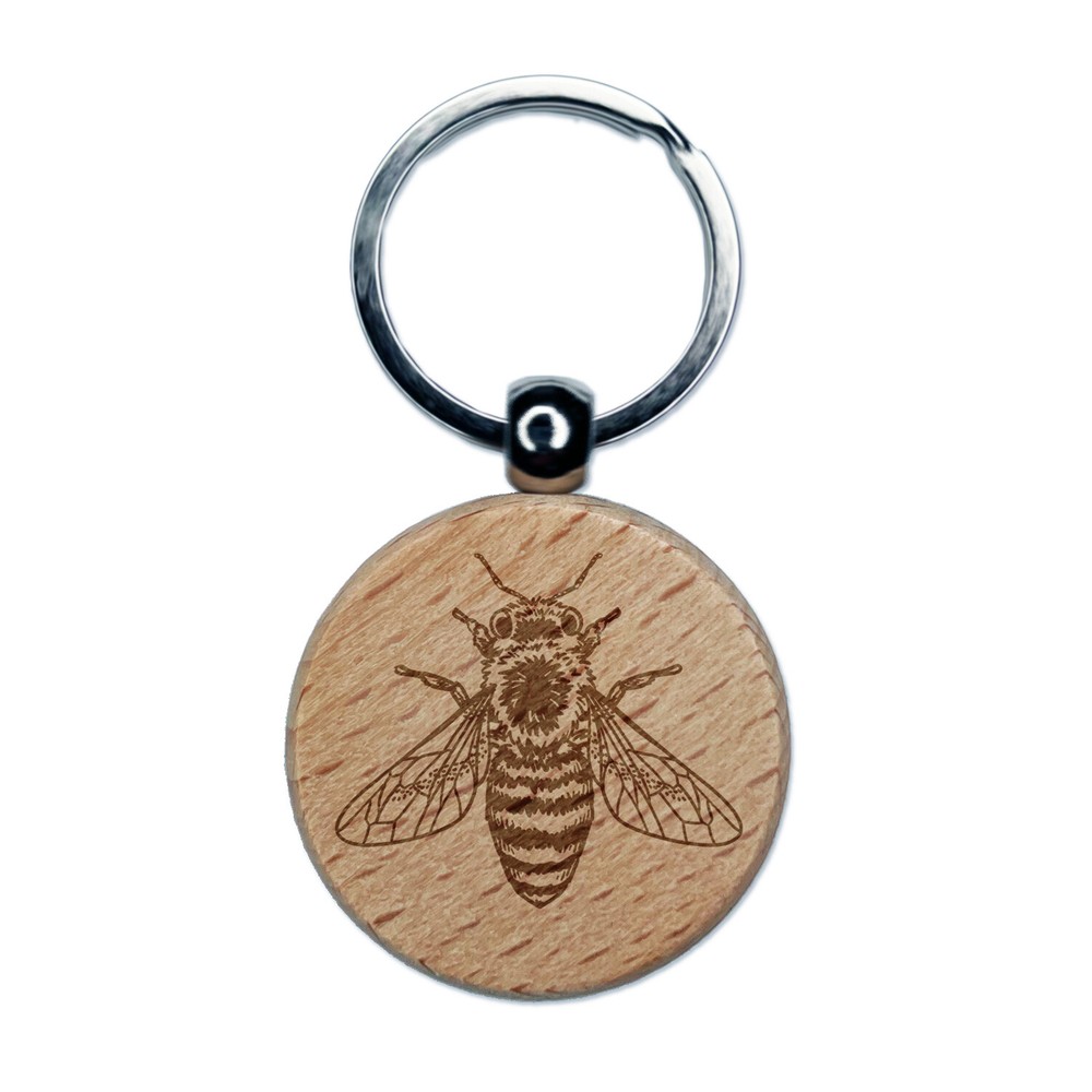 Realistic Fuzzy Honey Bee Engraved Wooden Keychain Charm Tag