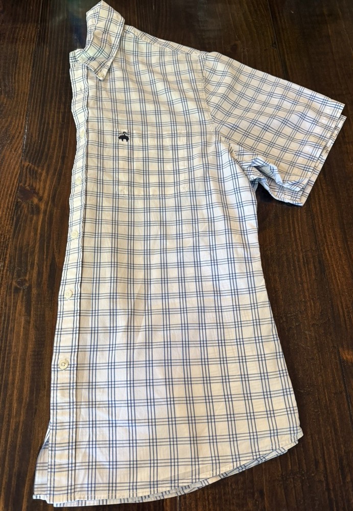 Brooks Brothers Mens Shirt Regent Fit Blue White Windowpane Short Sleeve Size L