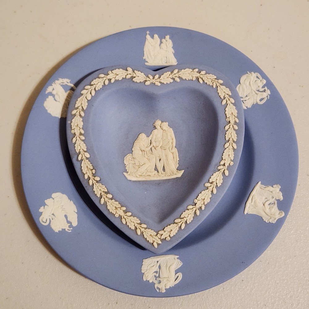 Vintage 1956 Wedgwood Jasperware Blue Heart Trinket Dish & Saucer Plate England