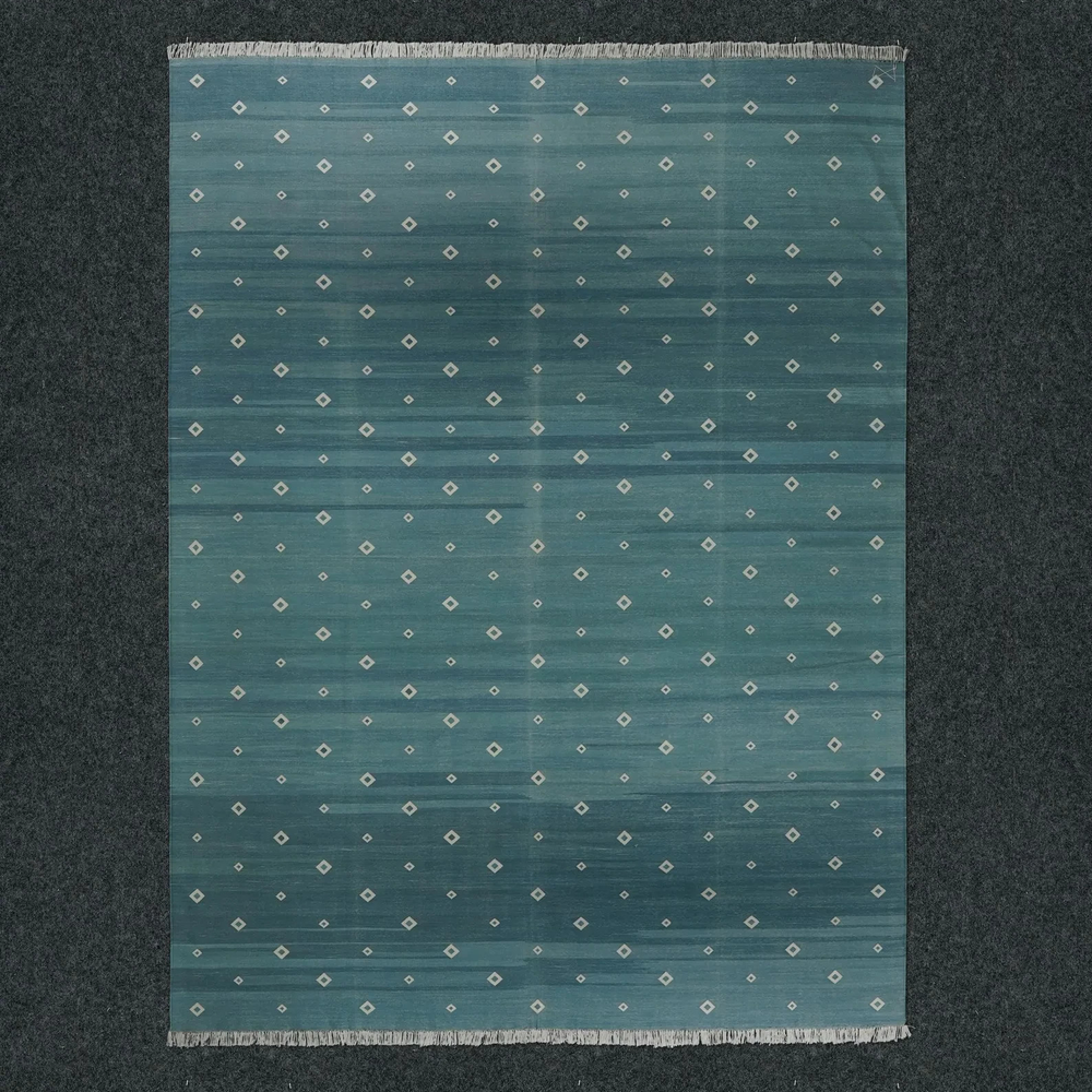 Hand Knotted Cotton Dhurrie Rug Color Teal Blue and White Design Carpet Rug