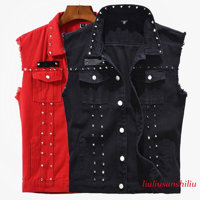 Men Studded Denim Gilet Sleeveless Biker Jacket Waistcoat Punk Casual Jeans Vest