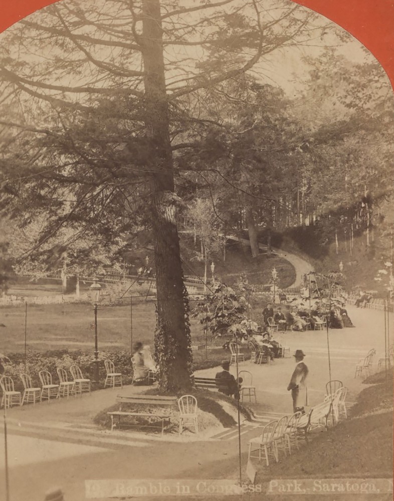 Benches & Chairs in Congress Park Saratoga Springs NY Baker Stereoview c1870
