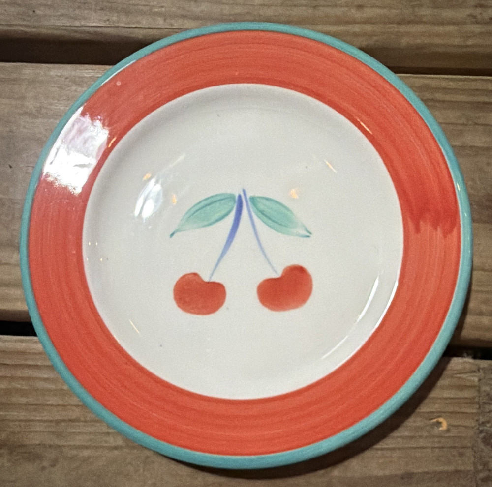 Ceramic Cherries Fruit Theme Round Plate, Glossy White Center Orange Rim Blue