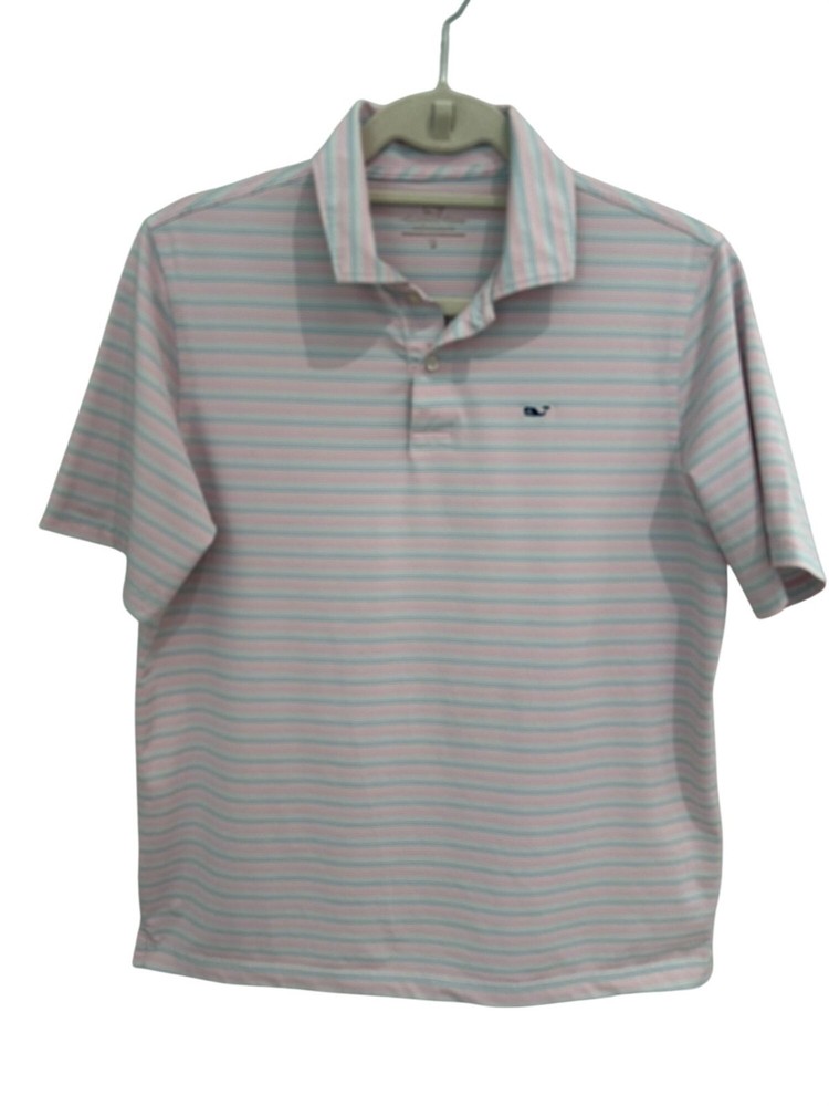 Vineyard Vines Boys XL 18 Performance Polo Shirt Pink Blue Striped Short Sleeve