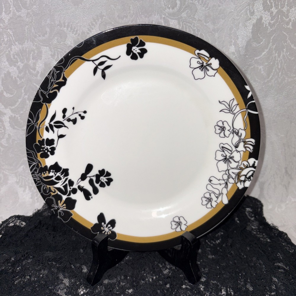 Victoria Albert V&A Museum Salad Dessert Plates Black White Gold Floral