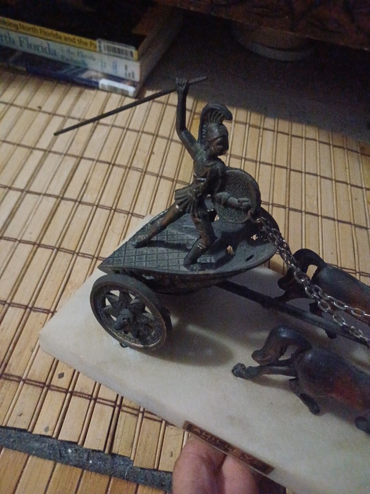 Vintage Achilles Gladiator Bronze Chariot Sculpture on Marble Base - Handcrafted in Greece-image