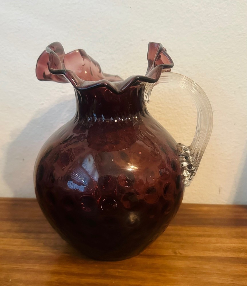Vintage FENTON Amethyst Purple Thumbprint Ruffled Edge Glass Pitcher     9.5