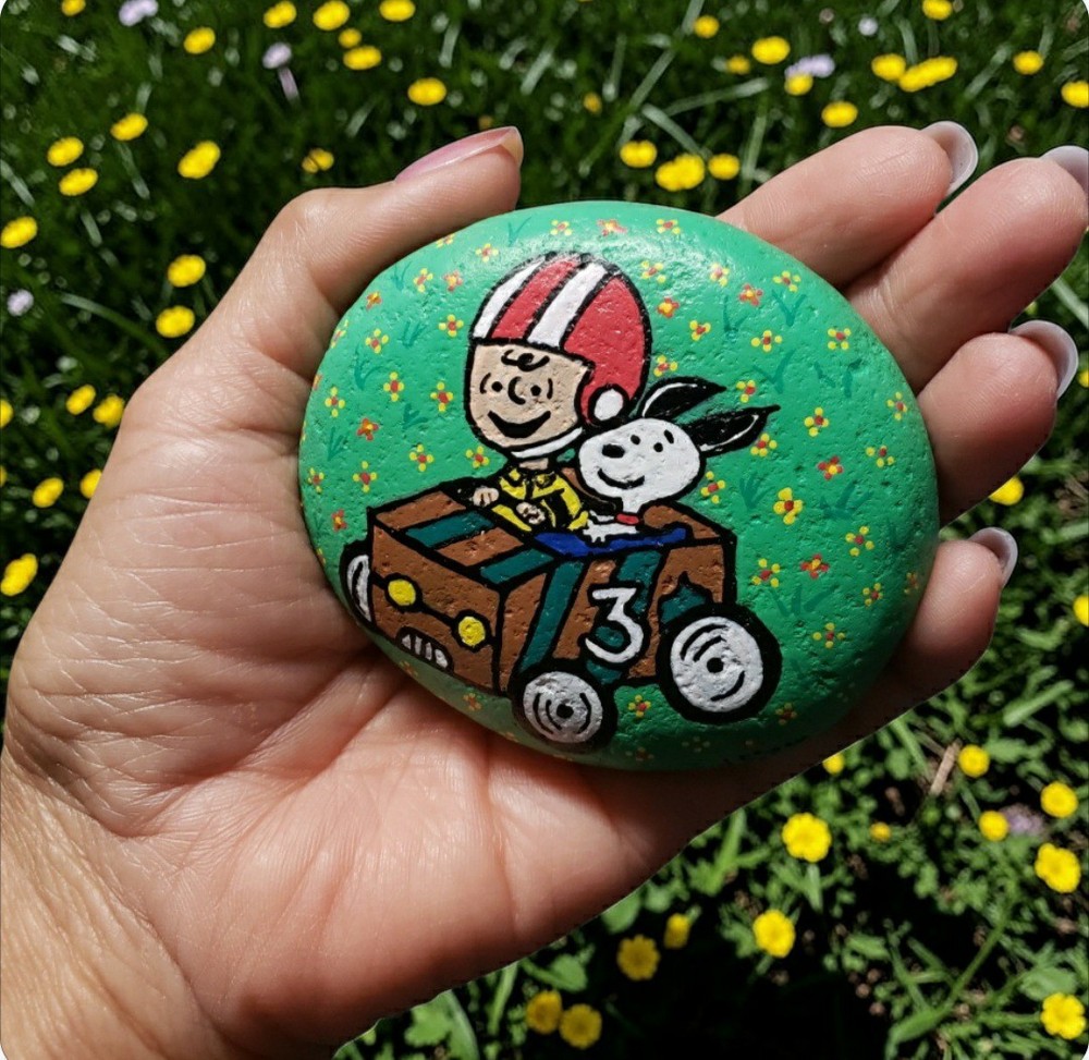 Handpainted Rock Paperweight: Charlie  & Snoopy Driving Their Homemade Go Cart!