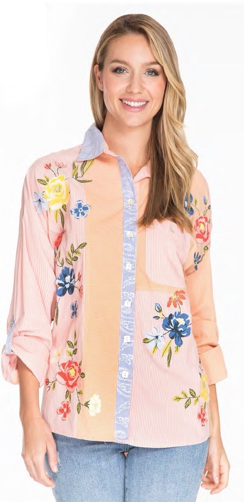 John Mark Floral Embroidered Collared L/S Tunic Button Front Size M NWT