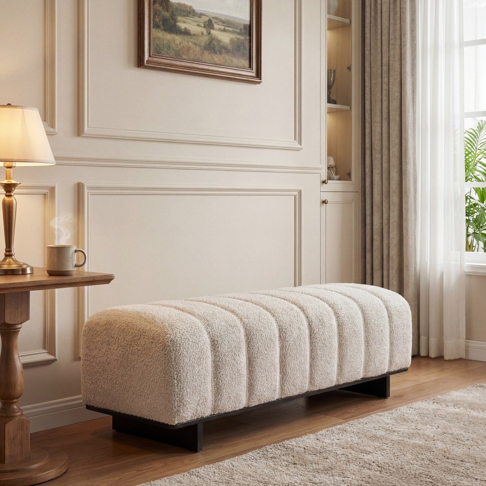 Indoor Dining Bench, Beige Faux Fur Fabric Bench with Rubber Wood Legs , 250lbs