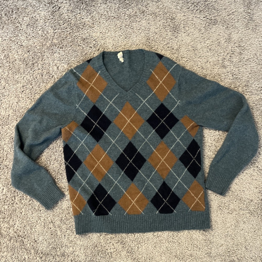 J. Crew Sweater Mens L Blue Argyle Lambs Wool V Neck Preppy Casual