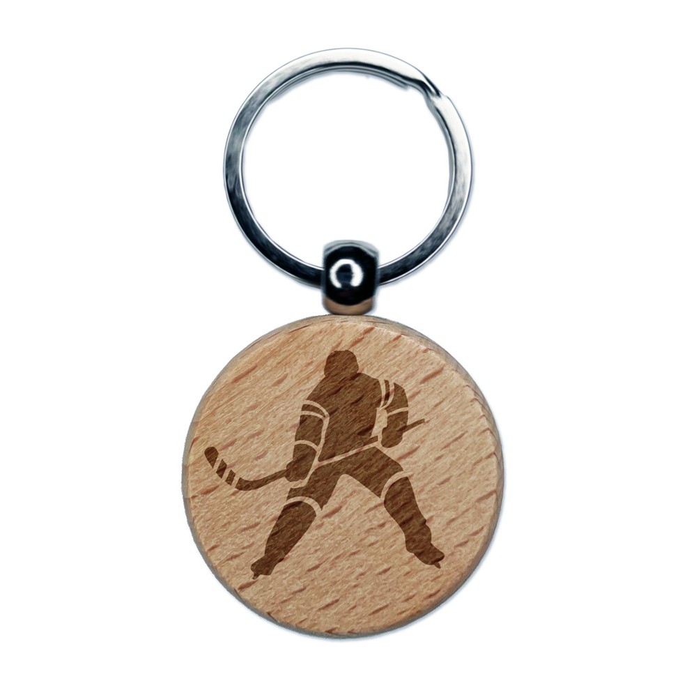 Hockey Player Holding Hockey Stick Engraved Wood Round Keychain Tag Charm