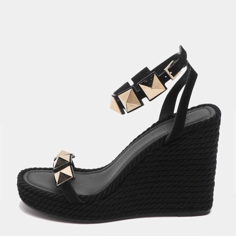 Valentino Roman Stud Size 39 Black Suede Wedge Platform Espadrille Sandals