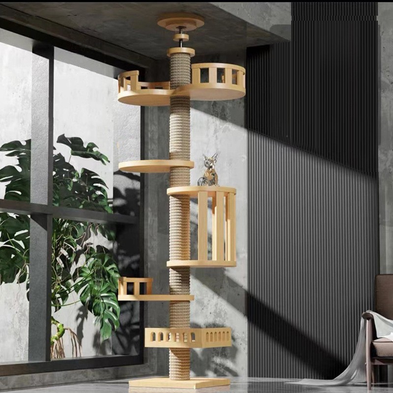 Wooden Floor to Ceiling Cat Tree Tower Natural Sisal Rope Scratching Post