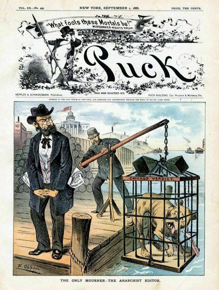 CHICAGO VERIDICT MOURNER ANARCHIST EDITOR CAGE WORKINGMAN COURT HOUSE POLICE