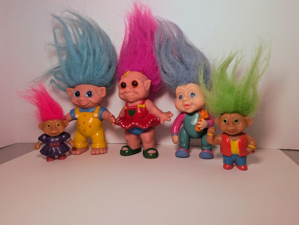 Lot Of 5 Vintage Troll Dolls Applause 90s Diferent Sizes Baby W/Teddy Bear