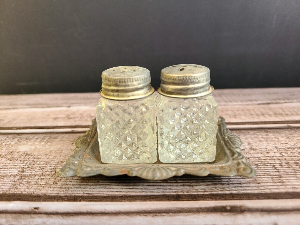 Vintage Mini Cut Glass Salt And Pepper Shakers With Silver Plated Tray Hong Kong