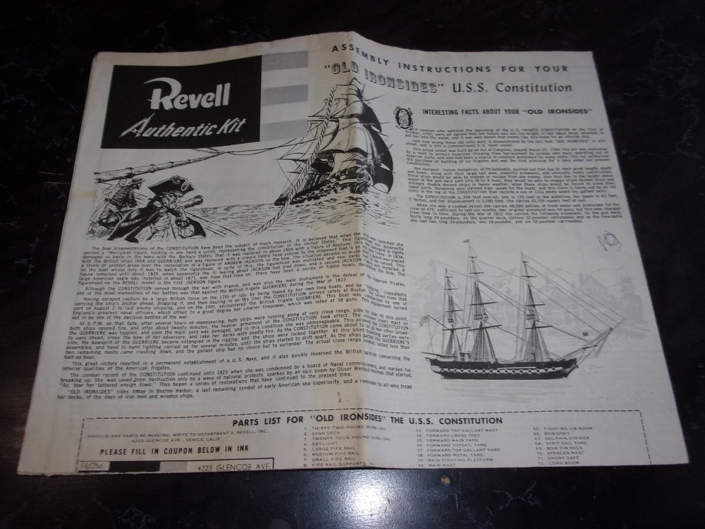 VINTAGE ORIGINAL REVELL OLD IRONSIDES~USS CONSTITUTION MODEL KIT INSTUCTIONS~EX