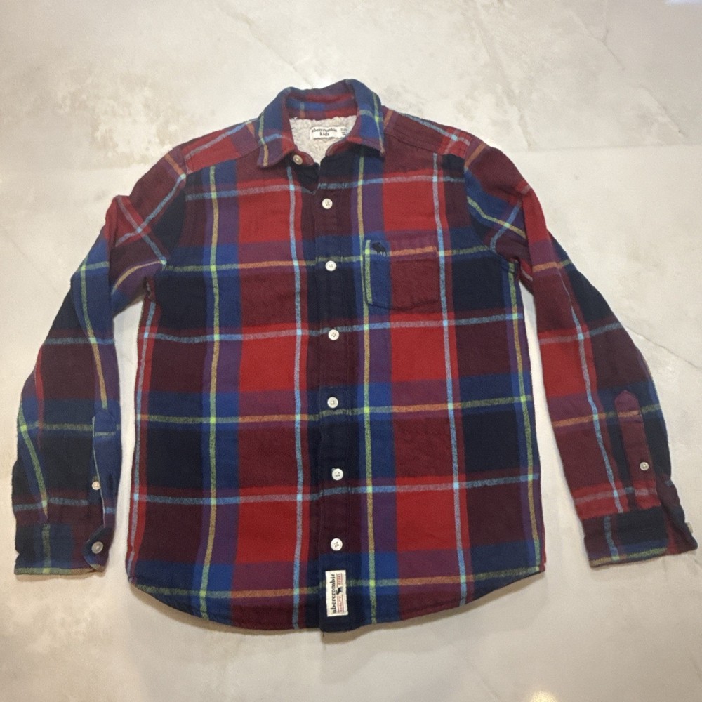 Abercrombie Kids Sherpa Lined Flannel Shirt Red Blue Plaid Button Up 11/12