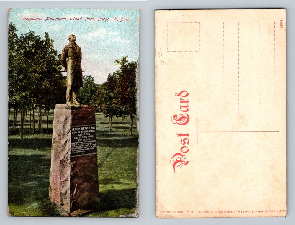 Fargo, ND-North Dakota, Wergeland Monument Island Park Vintage Postcard