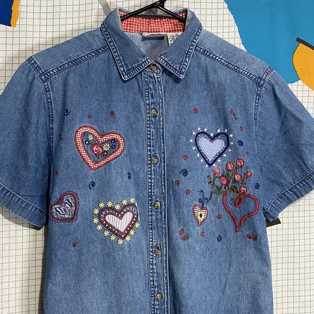 Vintage 90s Denim Shirt Hearts Embroidered Small Button Up Grandma Cottagecore