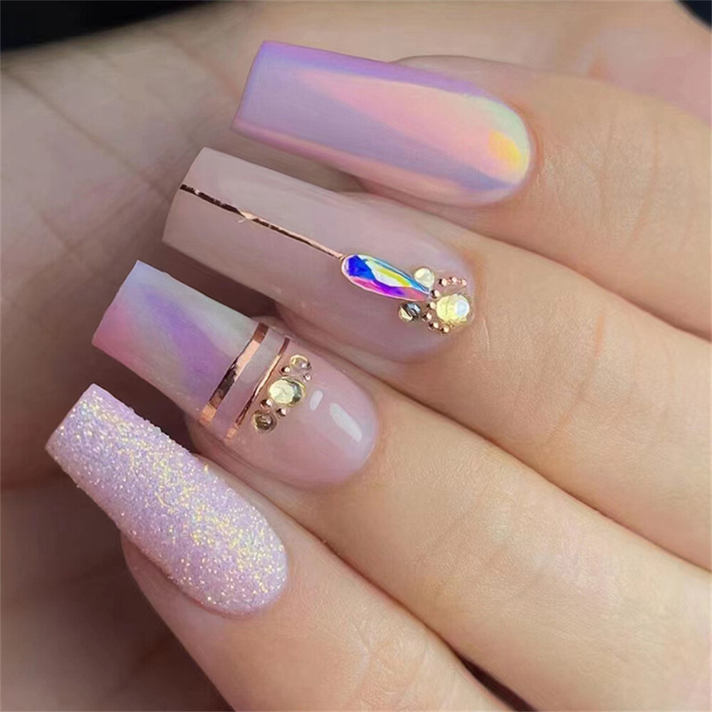 Aurora Purple Medium Square Press On Nails with Diamond Accents 24pcs