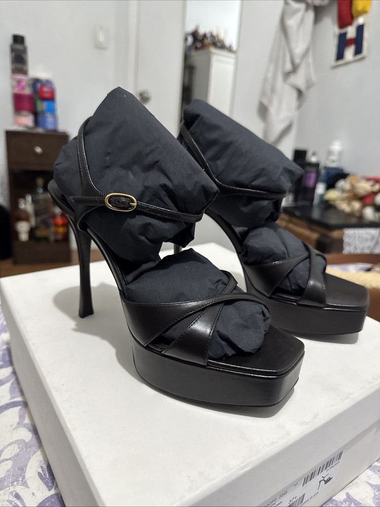 SAINT LAURENT Debbie $1150 Eagle Brown Leather 130mm Platform Sandals New