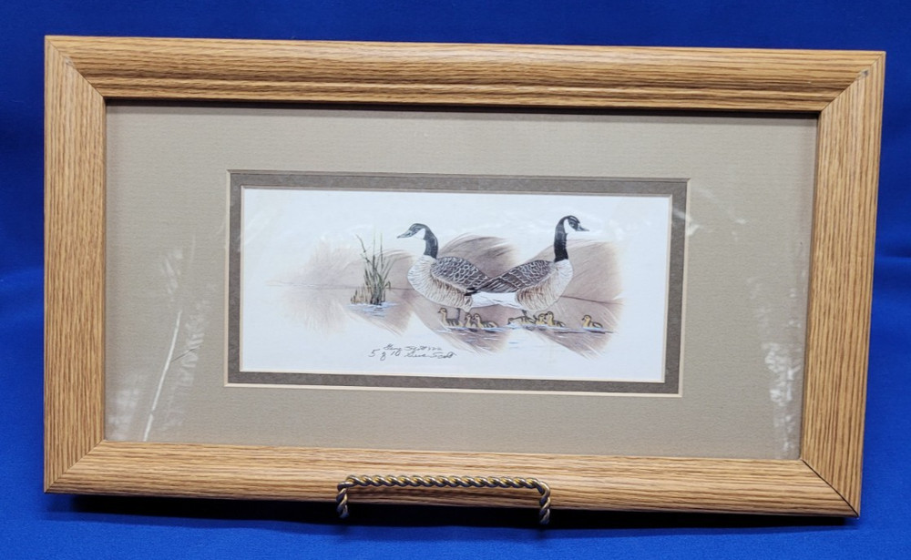 Vintage Framed Matted Wildlife Art Print Canada Geese Family Gene Scott Numbered