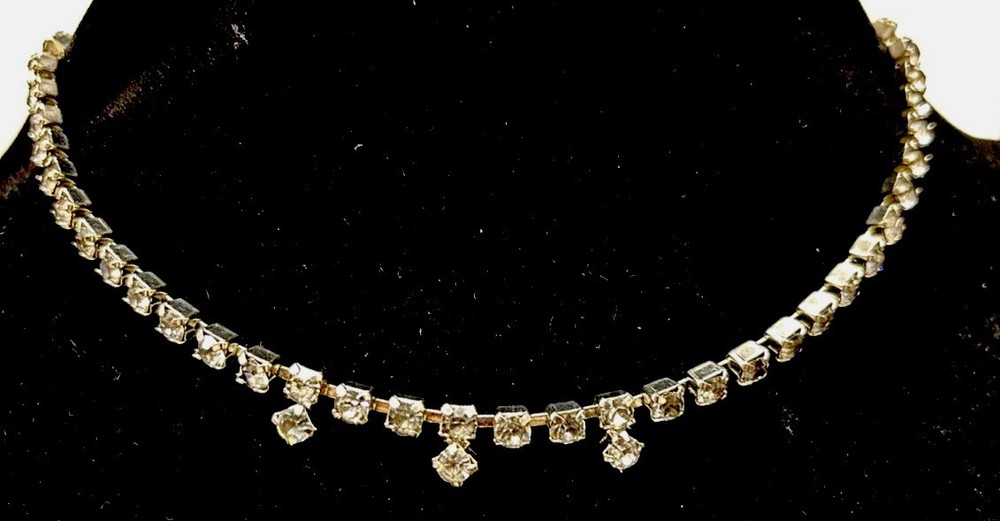 Vintage Necklace Tennis Choker Rhinestones Clear Prong Set