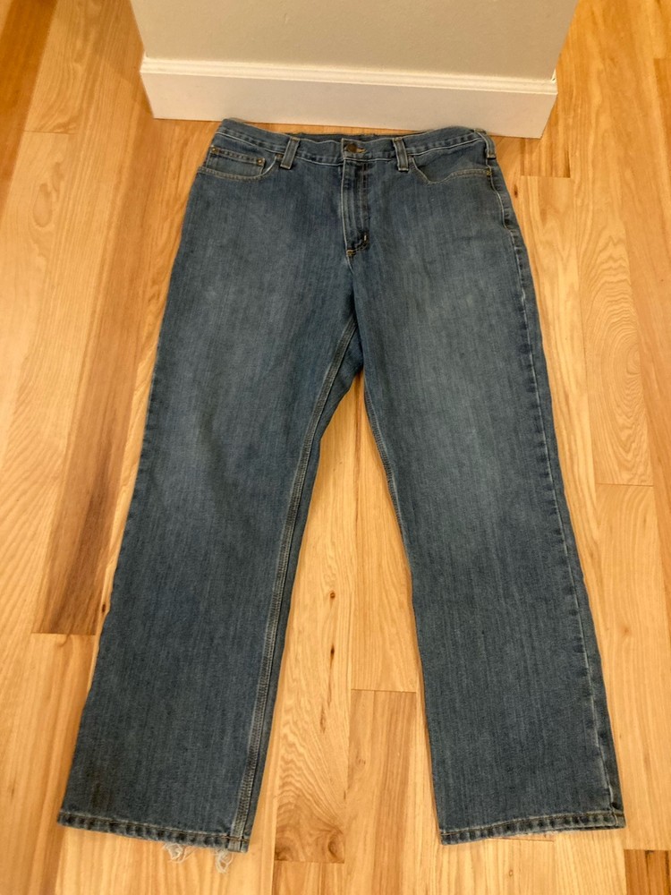 Men's Carhartt 36x32 Blue Jeans Cotton Work Pants Carpenter Relaxed Fit Gray