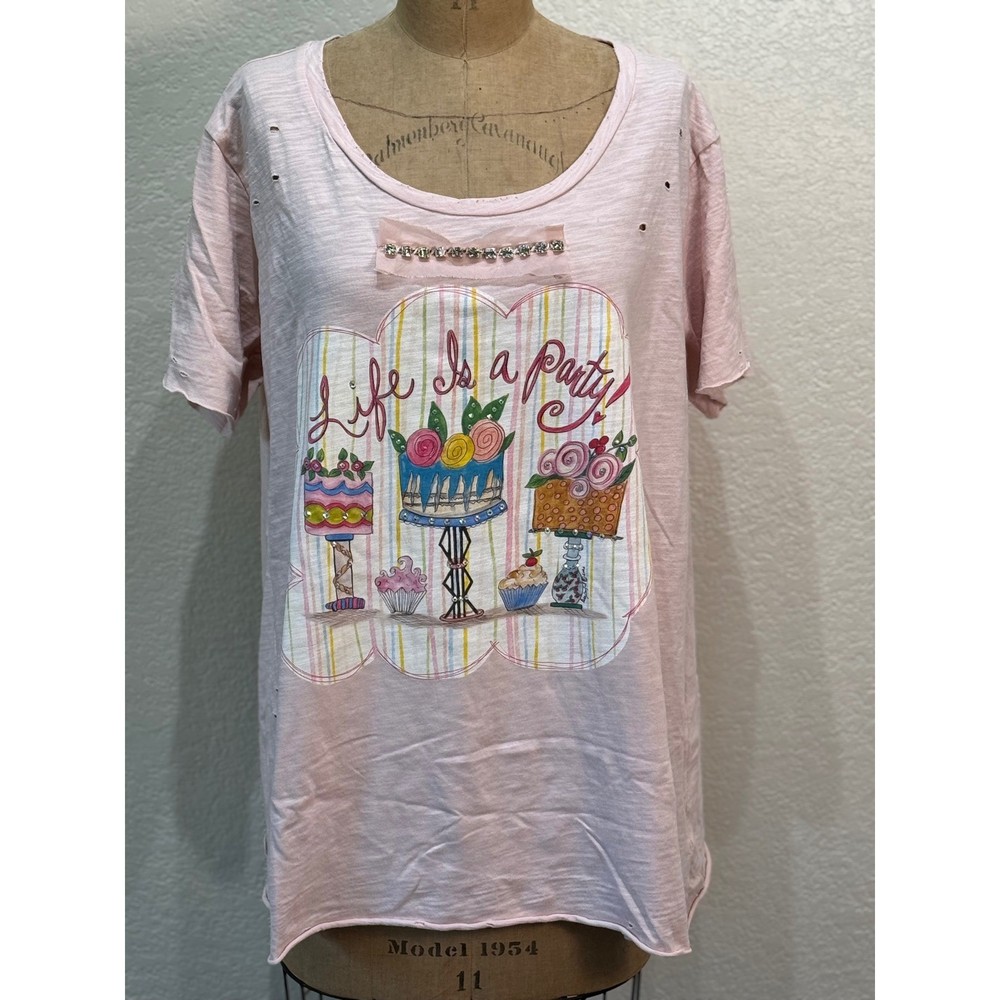 A Rare Bird Women's Pink Distressed Life's A Party Cake Rhinestone Tee S/M NWT
