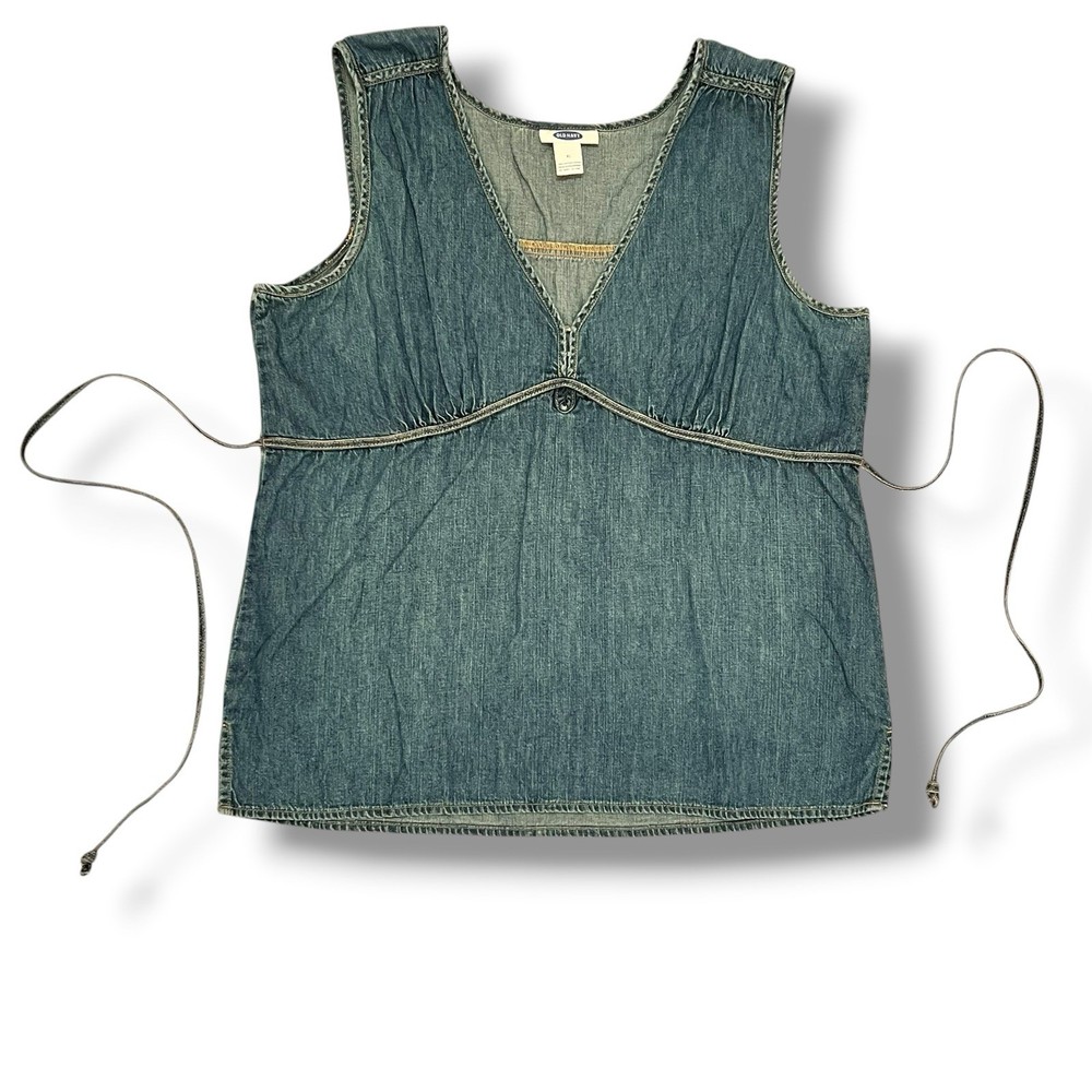 Y2K Babydoll Blouse Casual Women XL Blue Chambray Denim Tie Back Boho Tank Top